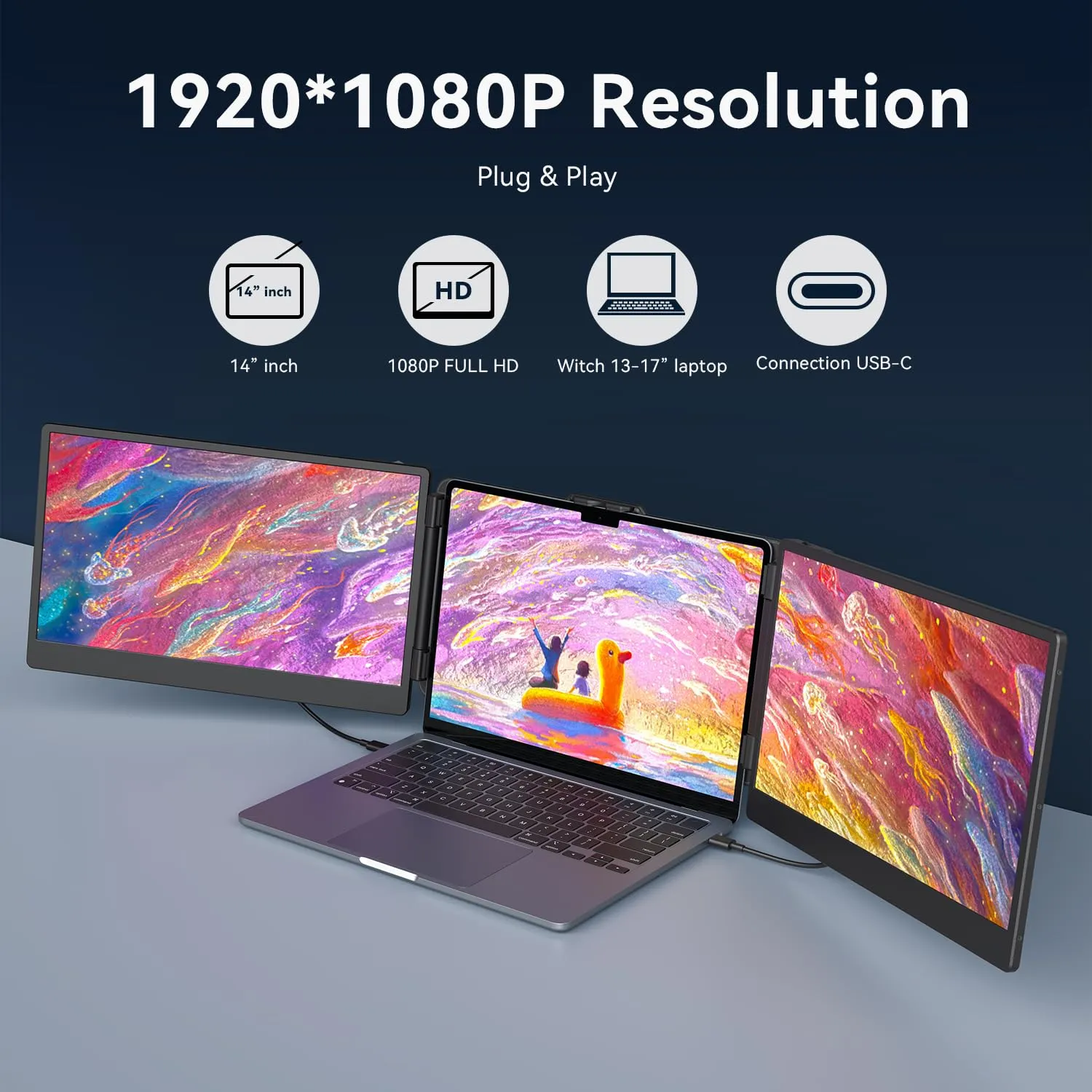 14 Triple Laptop Screen Extender, 1080P FHD Portable Dual Monitor for Laptop USB C HDMI, Plug-play Laptop Monitor Extender for Triple Monitor Display for Mac/Windows, Fit 13-17.3 Laptops