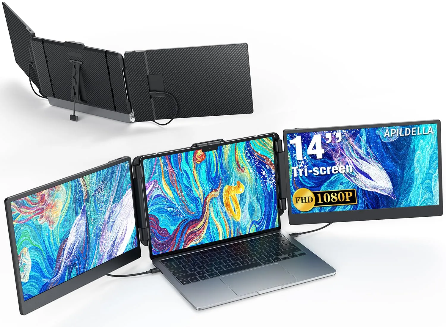 14 Triple Laptop Screen Extender, 1080P FHD Portable Dual Monitor for Laptop USB C HDMI, Plug-play Laptop Monitor Extender for Triple Monitor Display for Mac/Windows, Fit 13-17.3 Laptops