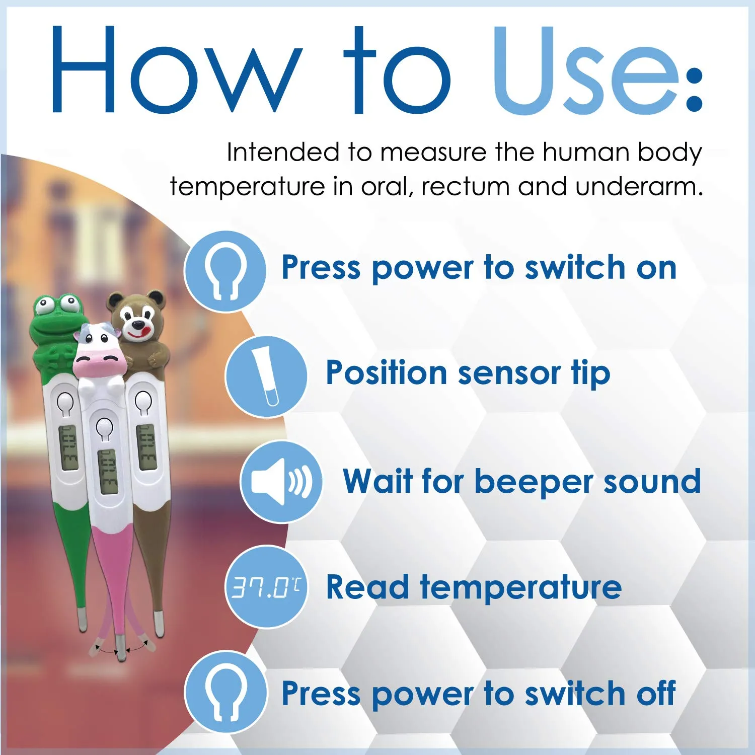 Kids Digital Thermometer, Fun Character Caps, °C/°F Switchable Flexible