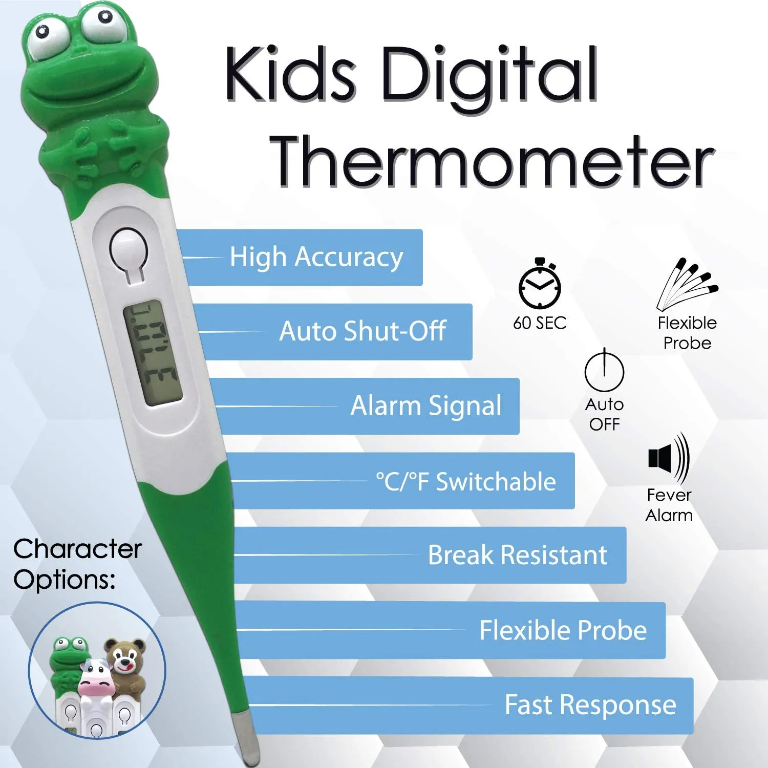 Kids Digital Thermometer, Fun Character Caps, °C/°F Switchable Flexible