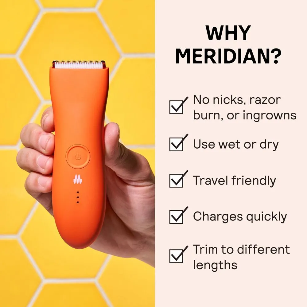 New - MERIDIAN Trimmer Premium, Pubic & Body Hair Trimmer for Men & Women, Below-the-Belt Groomer, Ball Trimmer, Bikini Trimmer, Bonus Pouch, Blaze