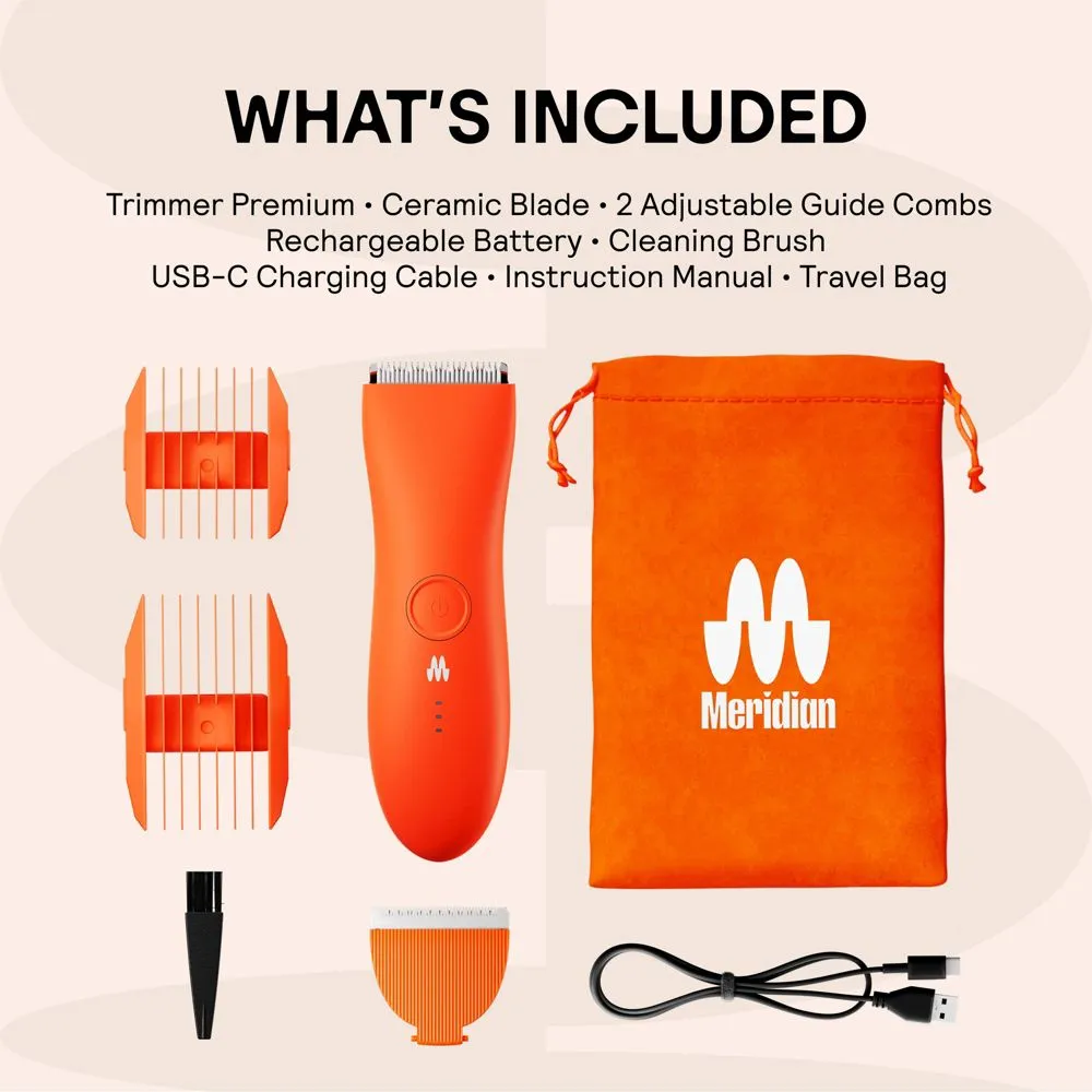 New - MERIDIAN Trimmer Premium, Pubic & Body Hair Trimmer for Men & Women, Below-the-Belt Groomer, Ball Trimmer, Bikini Trimmer, Bonus Pouch, Blaze
