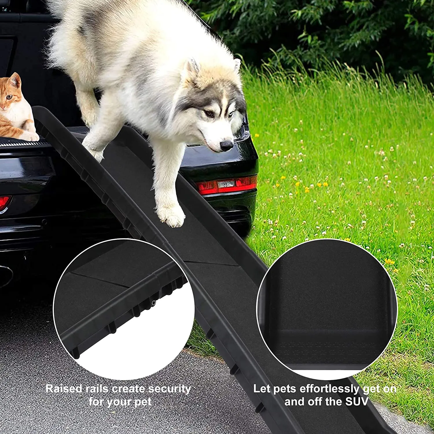 Portable Plastic Dog Car Ramp w/ 2pcs Non-slip Tread, 60"L  x 16" W Folding Travel Pet Safety Ramp